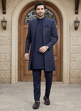 Navy Blue Jacquard Silk Indowestern Jacket Sherwani Set