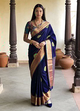 Navy Blue Litchi Silk Zari Jacquard Saree A Regal Wear