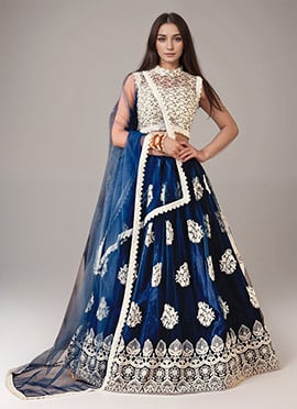 Navy Blue Mono Net Lace N Sequins Umbrella Lehenga