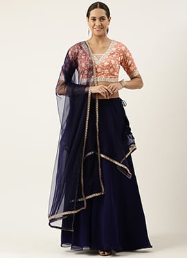 Navy Blue N Peach Embroidered Lehenga Set