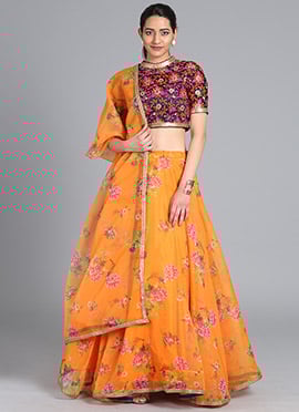 Navy Blue N Yellow Embroidered Lehenga Set