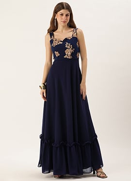 Teen Girls Navy Blue Net Embroidered Georgette Gown