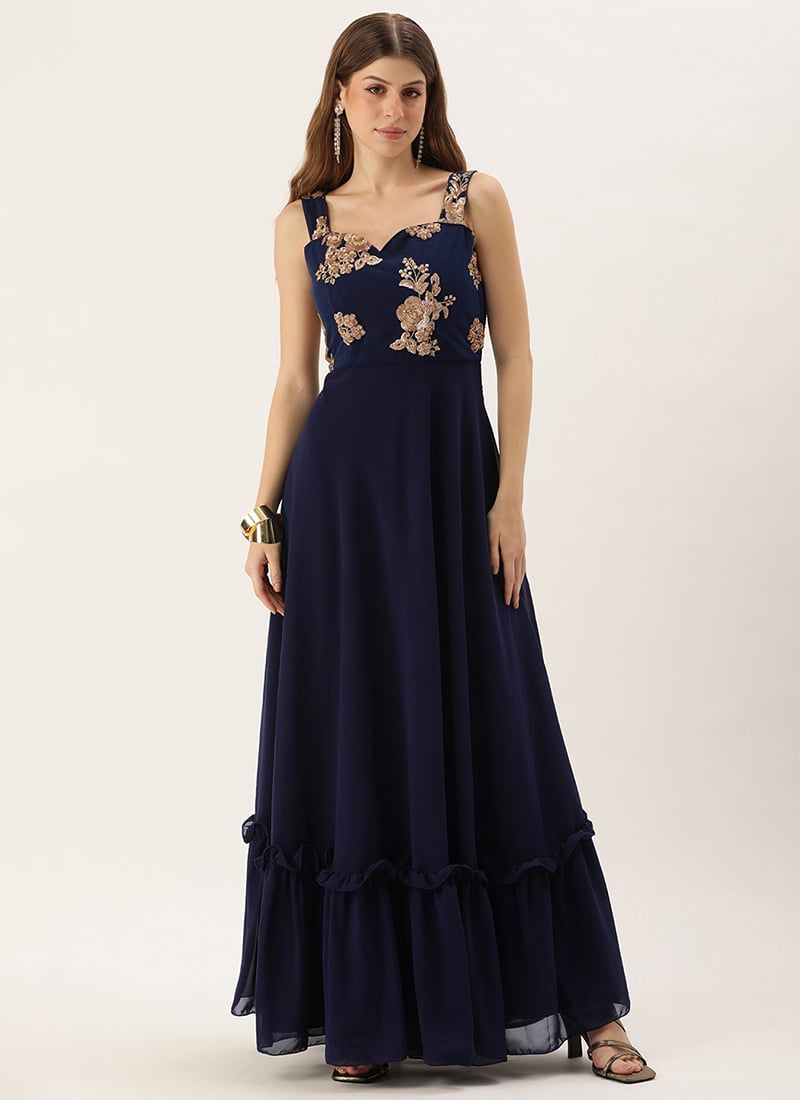 Navy Blue Net Embroidered Georgette Gown