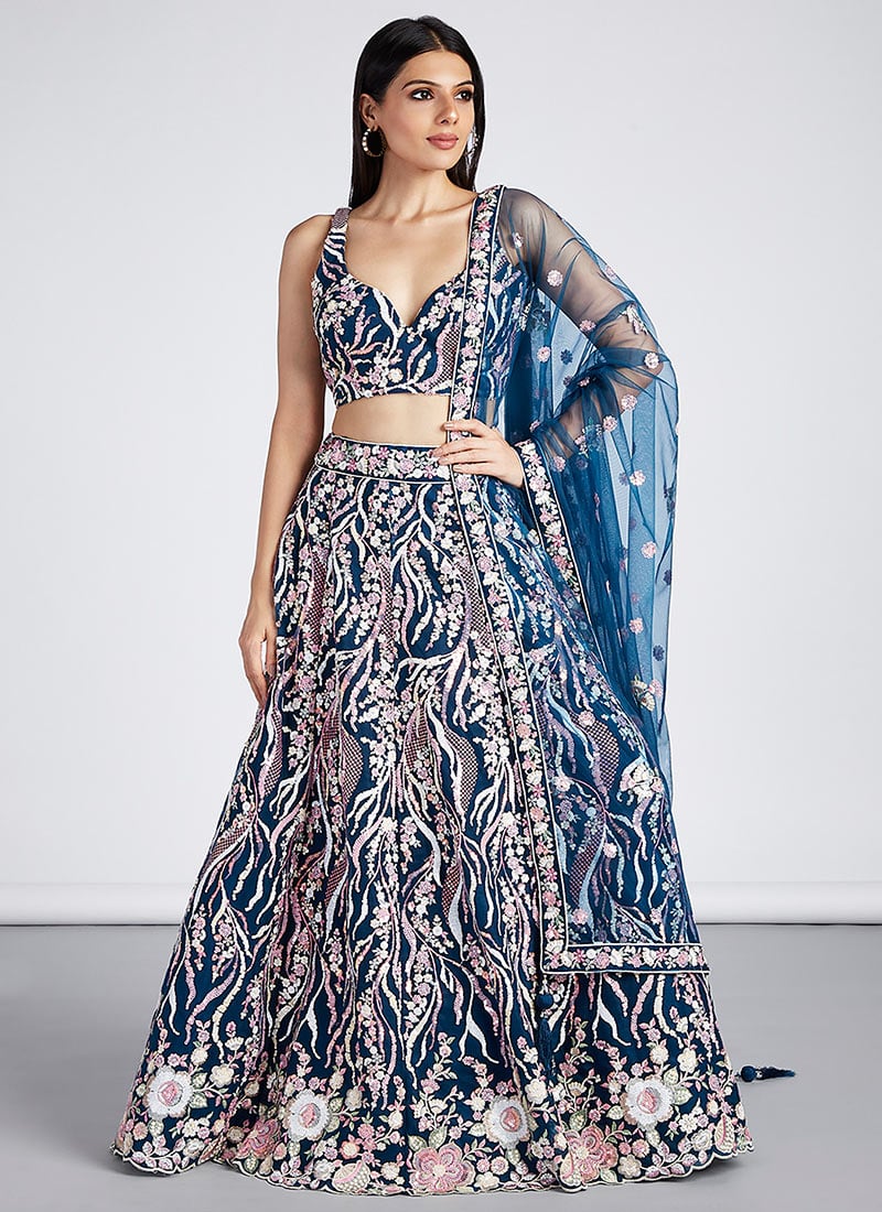 Navy Blue Net Embroidered Umbrella Lehenga Wedding Wear