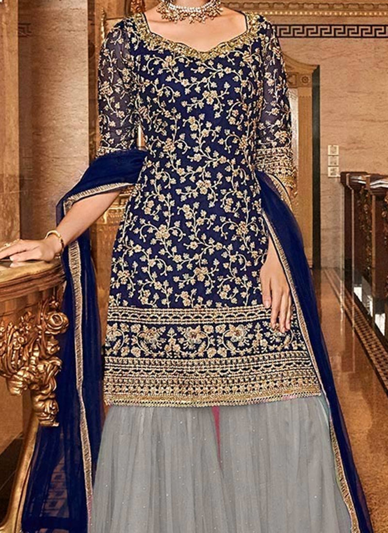 Navy Blue Net Sharara Suit Wedding Wear 