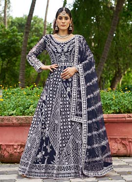 Navy Blue Net Zari Embroidered Anarkali Suit