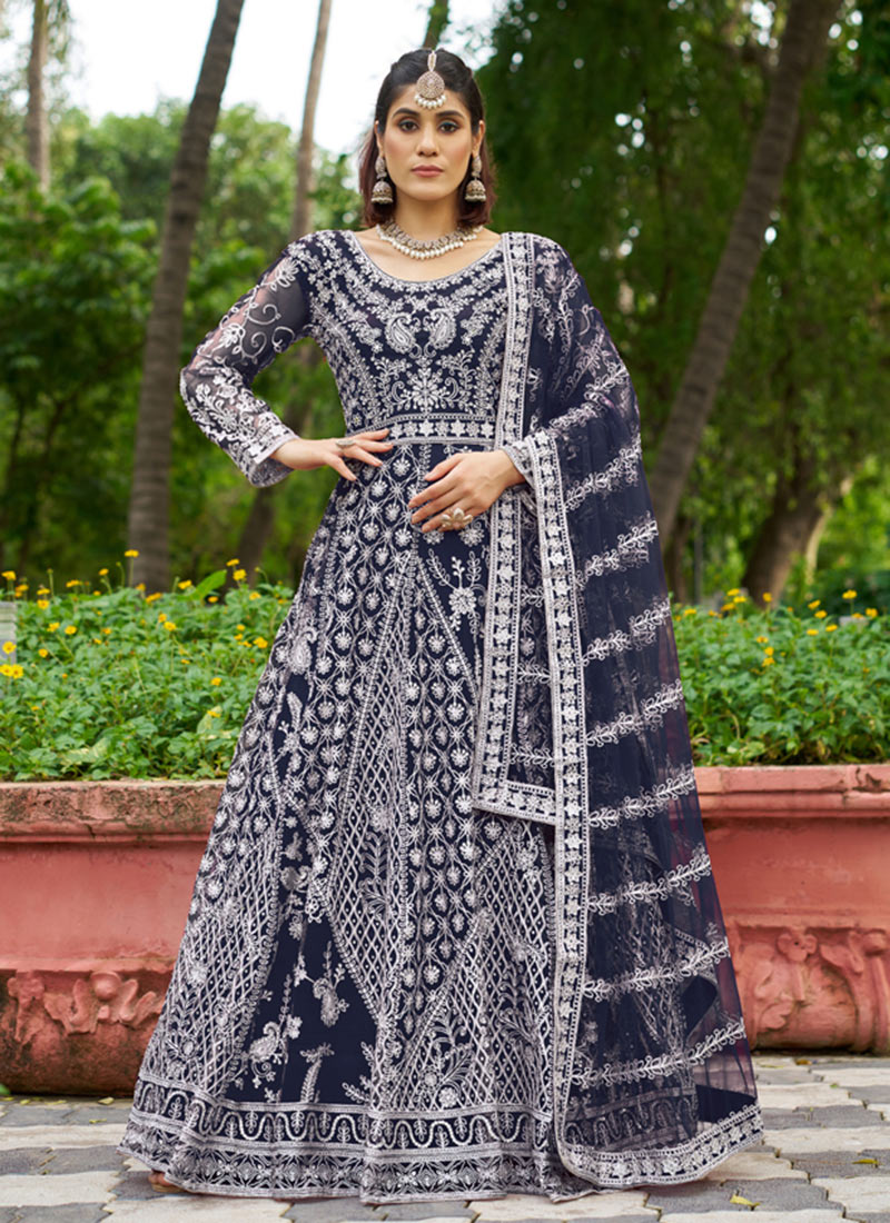 Navy Blue Net Zari Embroidered Anarkali Suit Wedding Wear