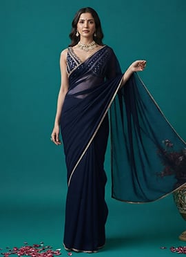 Navy Blue Organza Zari Sequins Hand Embroidered Saree
