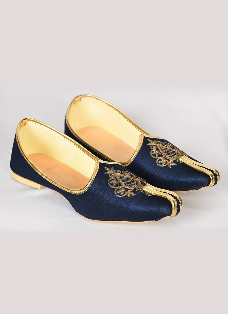 Navy Blue Raw Silk Hand Work Mojri-MFWMRG16