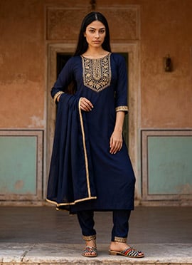 Navy Blue Rayon Embroidered Straight Pant Suit