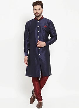 Navy Blue Silk Blend Classic Sherwani