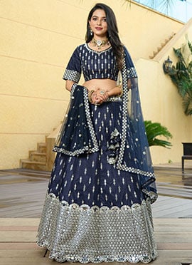 Navy Blue Silk Embroidered A Line Lehenga With Dupatta