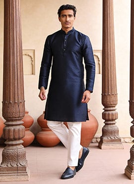 Navy Blue Silk Embroidered Kurta Pyjama For Men