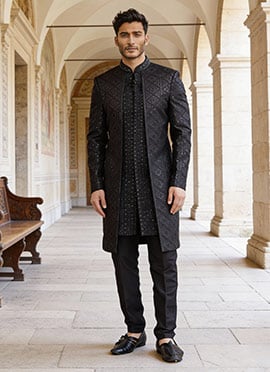 Navy Blue Silk Embroidered Sequins Indowestern Sherwani