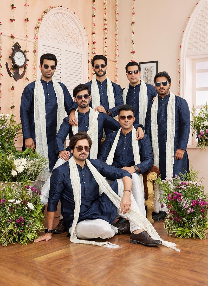 Navy Blue Silk Kurta Pyjama With Stole For Men Festive Wear