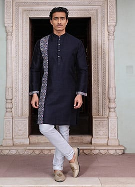 Navy Blue Silk Printed Kurta Pyjama
