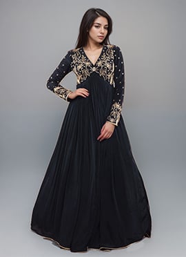 Navy Blue Silk Zari Hand Embroidered Sequins Anarkali Gown
