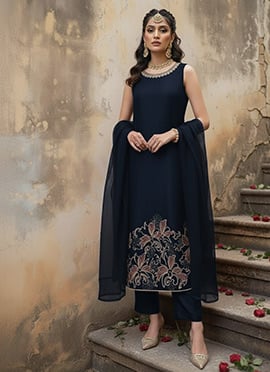 Navy Blue Silk Zari Sequin Embroidered Straight Pant Suit