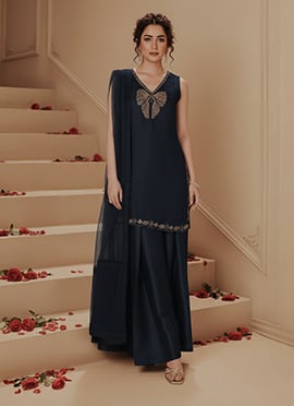 Navy Blue Silk Zari Sequin Hand Embroidered Palazzo Suit