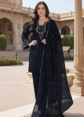 Navy Blue Silk Zari Sequin Mirror Work Straight Pant Suit