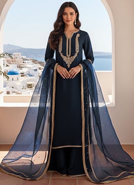 Navy Blue Silk Zari Sequins Embroidered Palazzo Suit