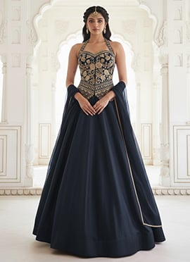 Navy Blue Silk Zari Sequins Umbrella Lehenga