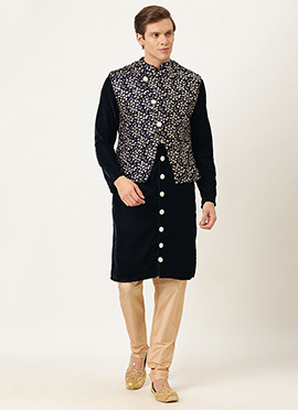 Navy Blue Velvet Embroidered Bandi Set