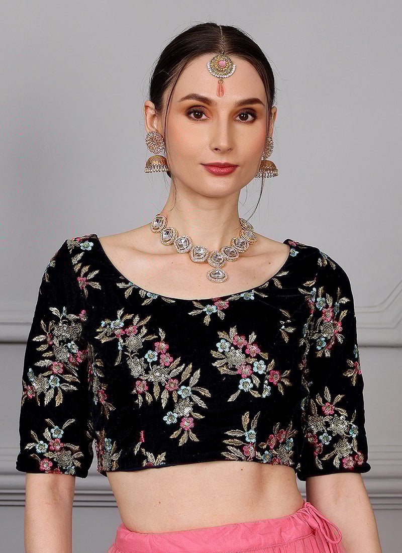 Navy Blue Velvet Embroidered Blouse