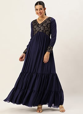 Navy Blue Velvet Embroidered Gown