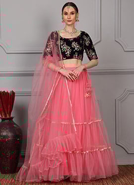 Navy Blue Velvet Embroidered Pink Tiered Lehenga