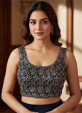 Navy Blue Velvet Floral Luxe Stretchable Blouse