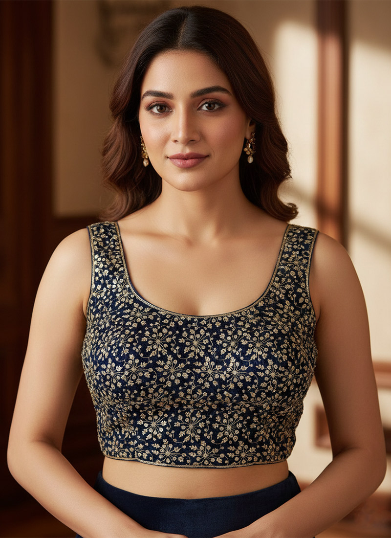 Navy Blue Velvet Floral Luxe Stretchable Blouse After Six Wear