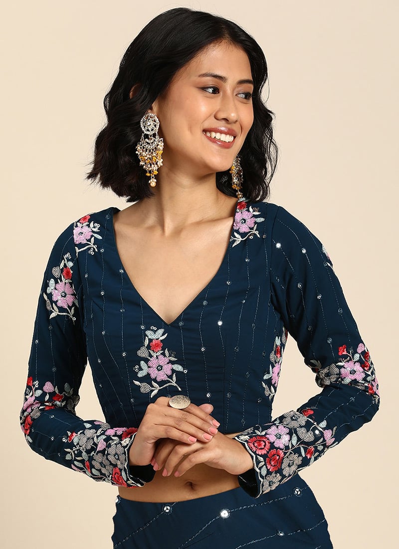 Navy Bue Embroidered Georgette Blouse Festive Wear