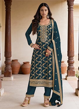 Nidhi Shah Blue Viscose Jacquard Zari Embroidered Sequins Pakistani Straight Pant Suit