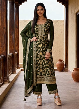 Nidhi Shah Mehendi Green Viscose Jacquard Zari Embroidered Sequins Pakistani Straight Pant Suit