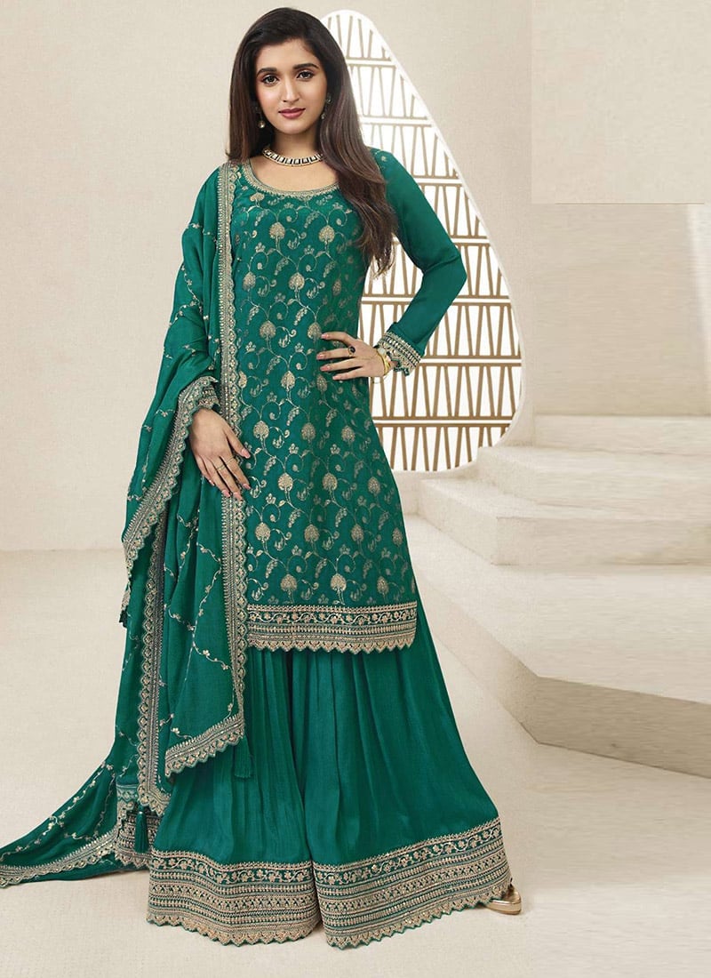 Nidhi Shah Rama Blue Embroidered Sequins Jacquard Palazzo Suit Party Wear