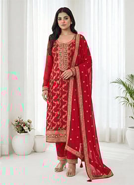 Nidhi Shah Red Jacquard Viscose Embroidered Sequins Straight Pant Suit