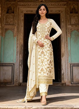 Nidhi Shah White Viscose Jacquard Zari Embroidered Sequins Pakistani Straight Pant Suit