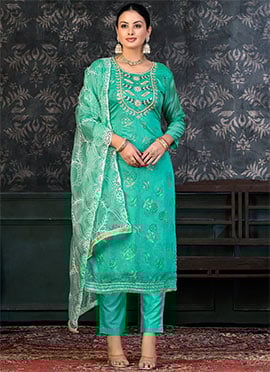 Ocean Green Organza Gota And Foil Print Straight Pant Suit