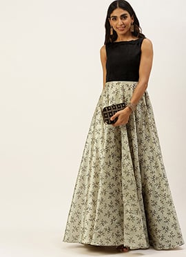 Off White Art Silk Printed Gown