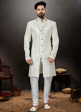Off White Art Silk Sequins Indowestern Sherwani