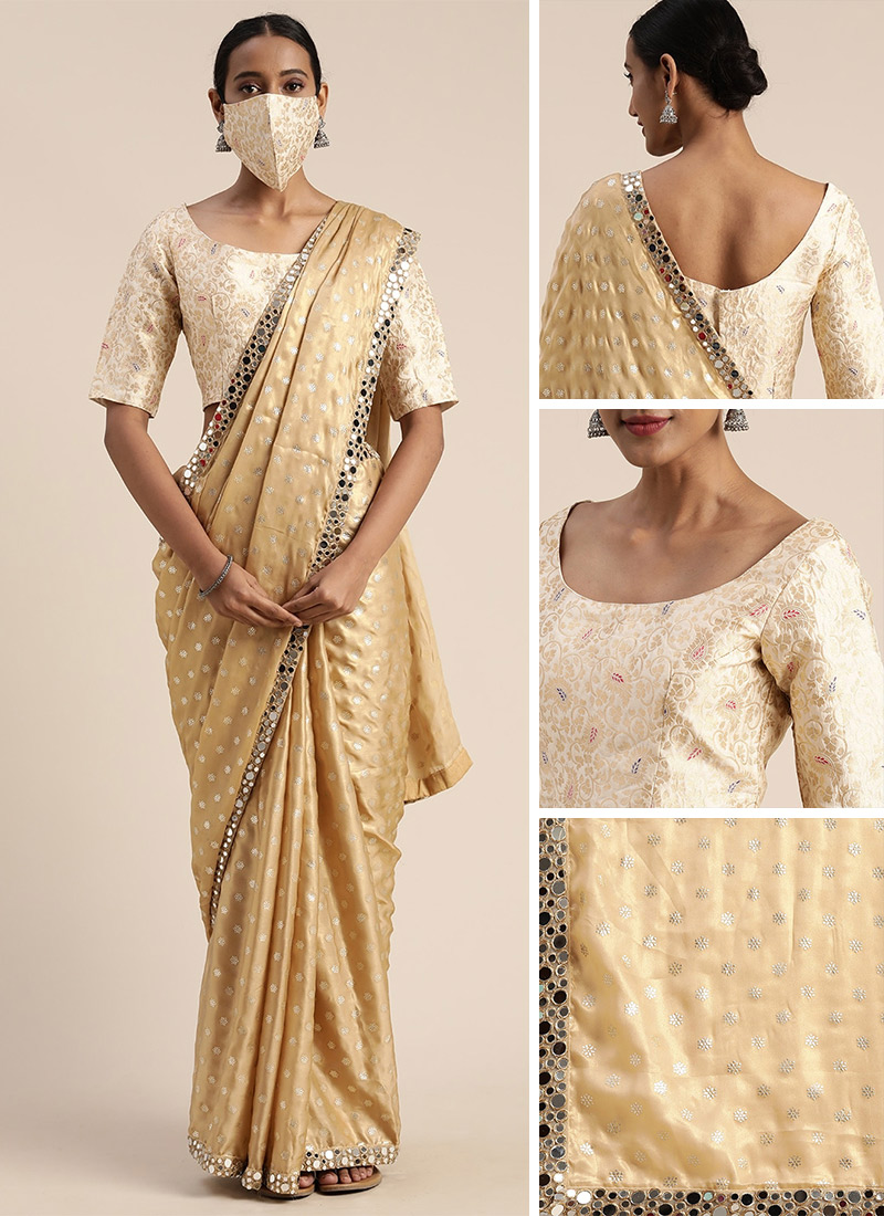 Off White Brocade N Beige Foil Printed Saree Festive Wear
