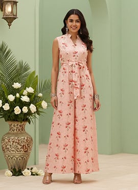 Teen Girls Off White Chanderi Modal Satin Collar Neck Jumpsuit