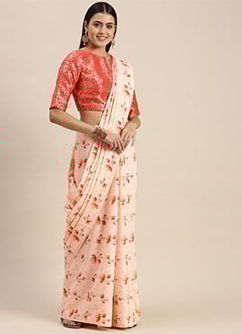 Teen Girls Off White Chanderi Saree N Pink Jacquard Blouse