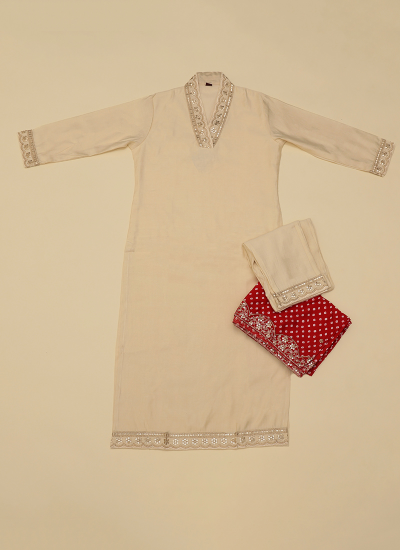 Off White Printed Chanderi Silk Straight Suit Set With Trousers