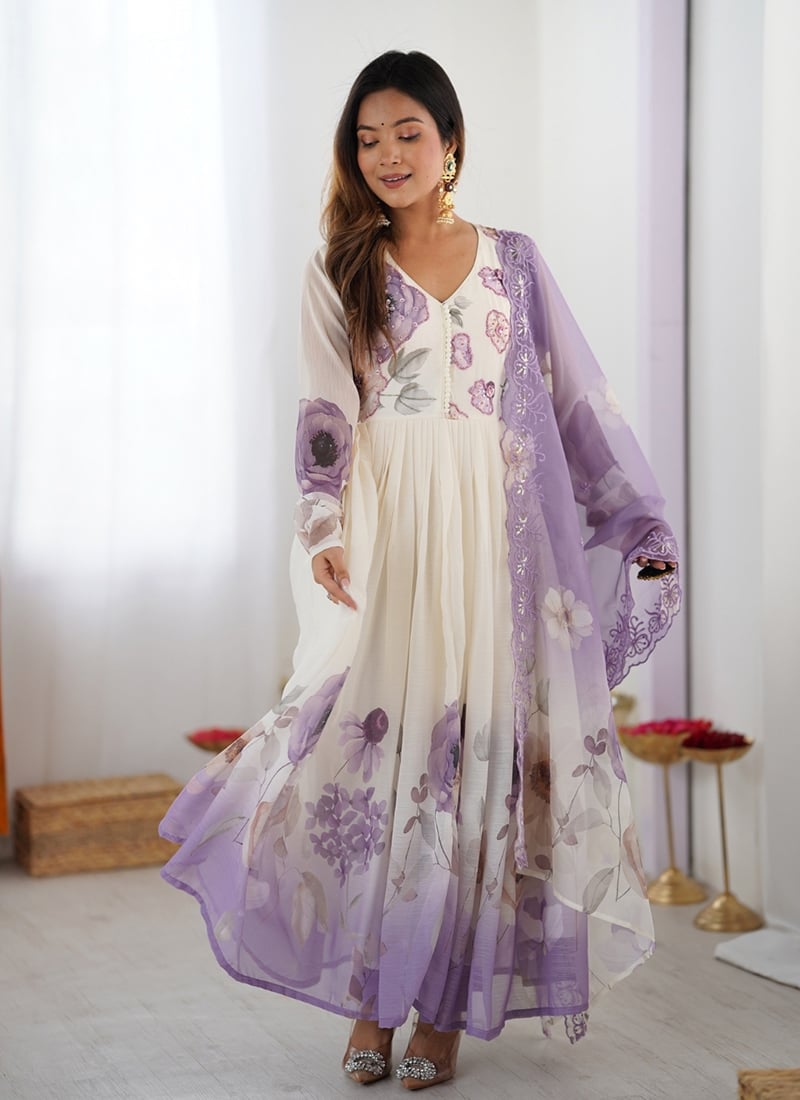 Off White Chiffon Sequins Beads Embroidered Digital Print Cutdana Anarkali Suit After Six Wear