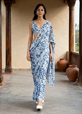 Off White Chinon Digital Print Pre Draped Saree
