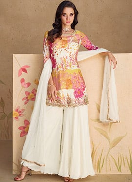 Off White Chinon Floral Digital Print Sequins Palazzo Suit For Stylish Women