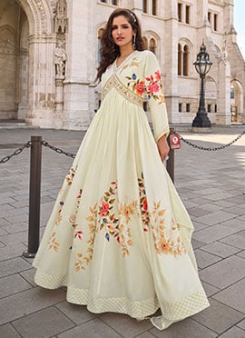 Off White Chinon Silk Embroidered Sequins Mirror Work Printed Anarkali Suit