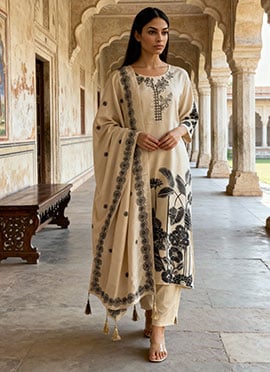 Off White Chinon Silk Printed Embroidered Straight Pant Suit